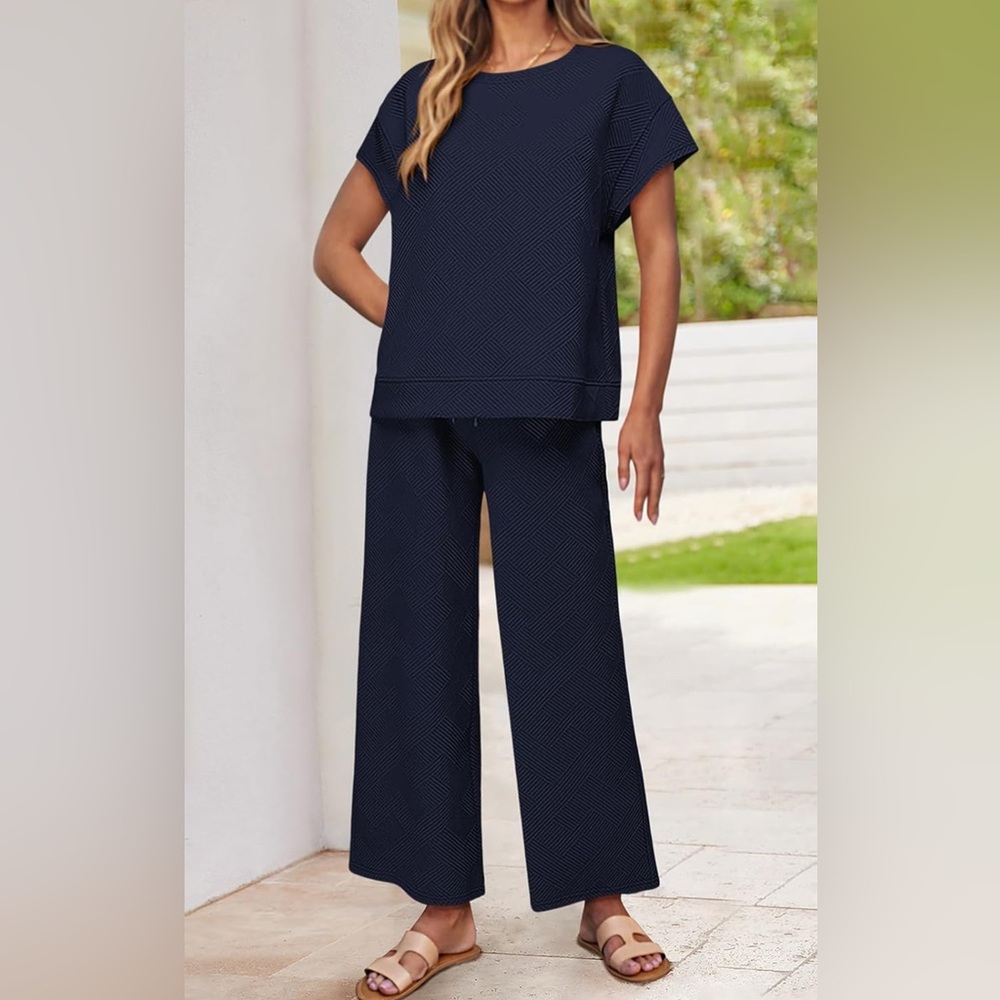PRETTYGARDEN 2 Piece Casual Tracksuit Short Sleeve Tops And Wide Leg Long Pants